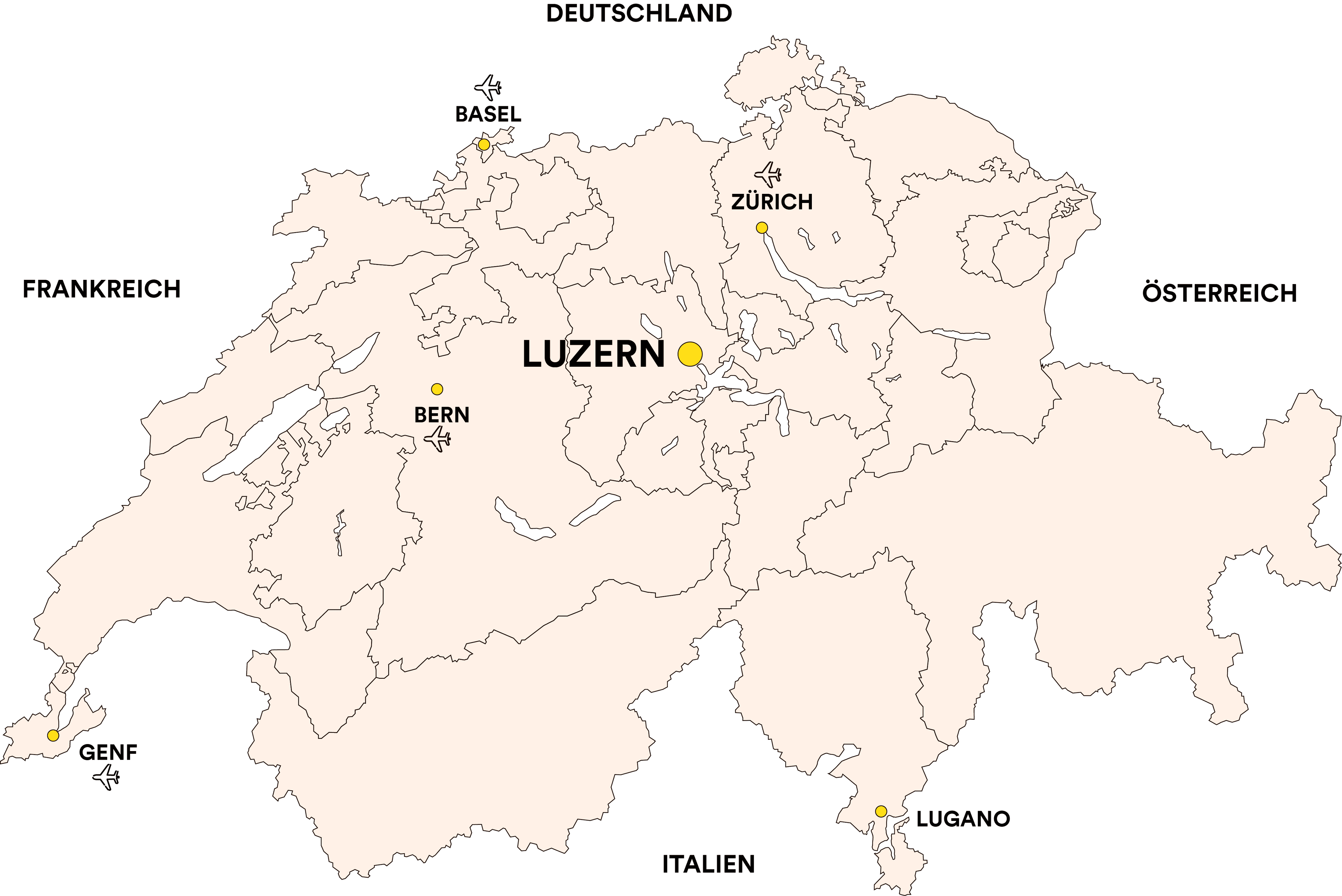 Karte der Schweiz mit Stadt Luzern sowie Flughafen-Städten und Nachbarländern der Schweiz.